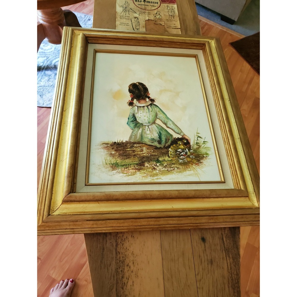 Picture Oil Painting on Canvas Portrait of back of Girl Framed Art 23" x 19 1/4